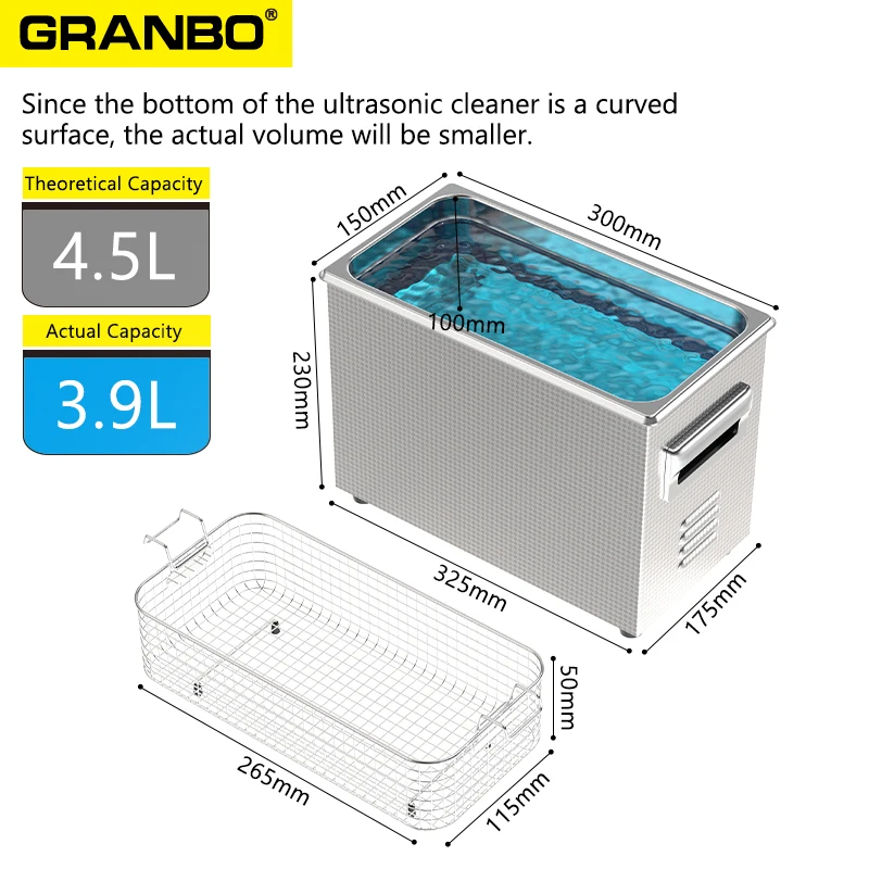 Granbosonic 주파수 대역 초음파 클리너, 소음 감소 기능, 스윕 펄스 가스 제거, 28 KHz, 40 KHz, 68 KHz, 80 KHz, 120KHz, 4.5L, 150W