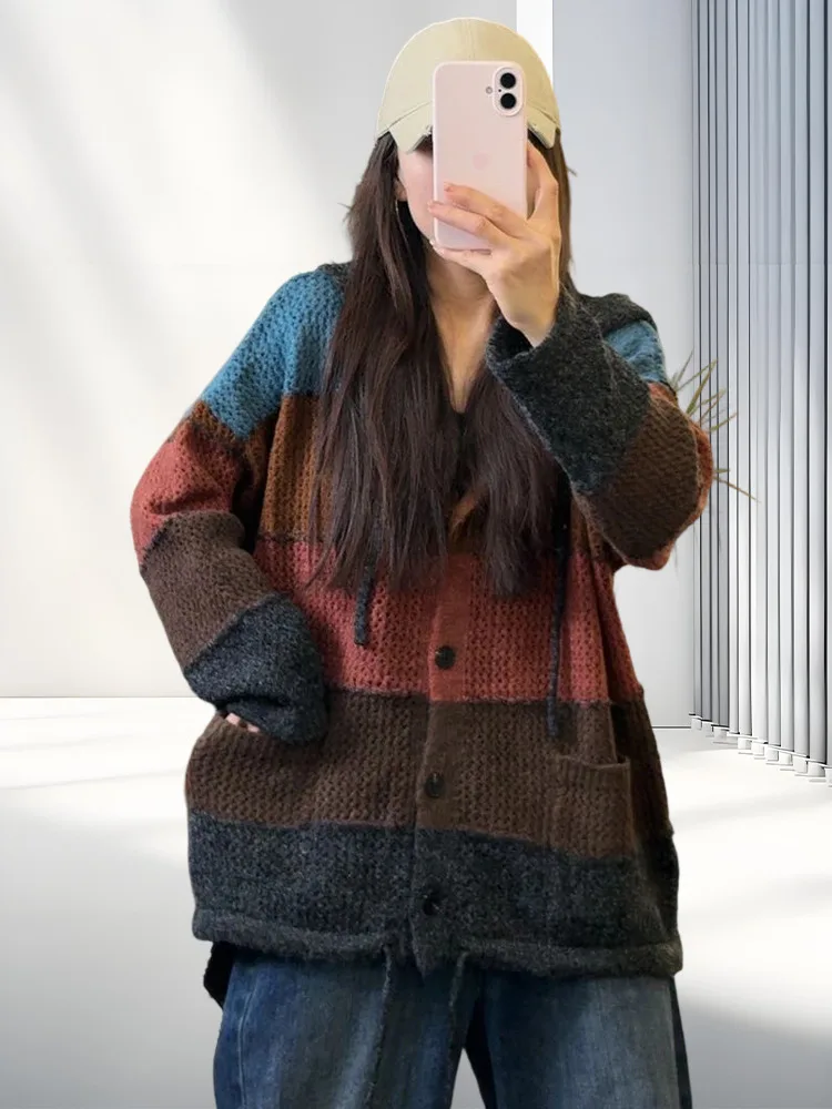 Amax LuluE Koean-cárdigans de moda de invierno para mujer, suéteres de punto holgados clásicos, prendas de punto informales con capucha de gran tamaño