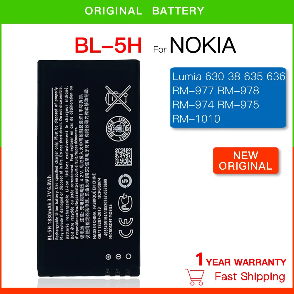 Original BL-5H 1830mAh Replacement Battery For Nokia Lumia 630 38 635 636 Lumia630 RM-977 RM-978 BL5H BL 5H Li-Polymer Batteria