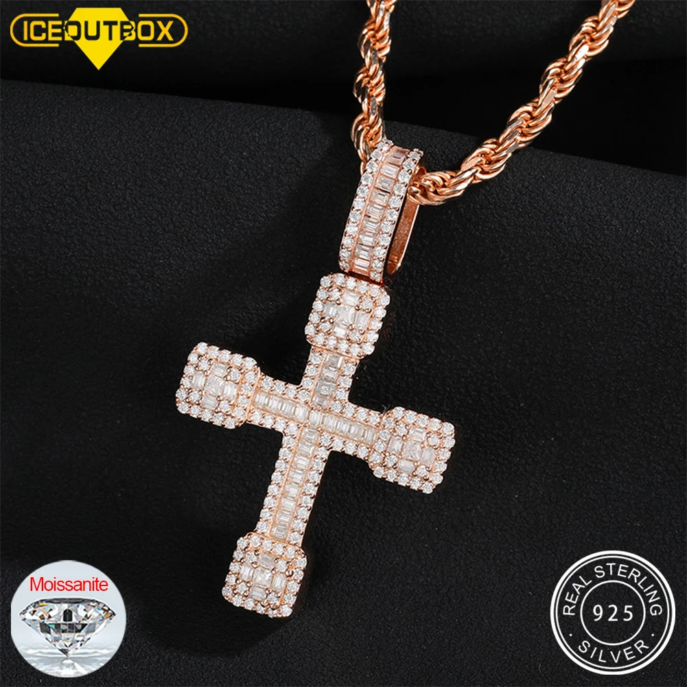 New Baguette Diamond Cross Pendant With Square For Women Trendy Christian Jesus D VVS Moissanite Necklace Hip Hop Jewelry Gifts