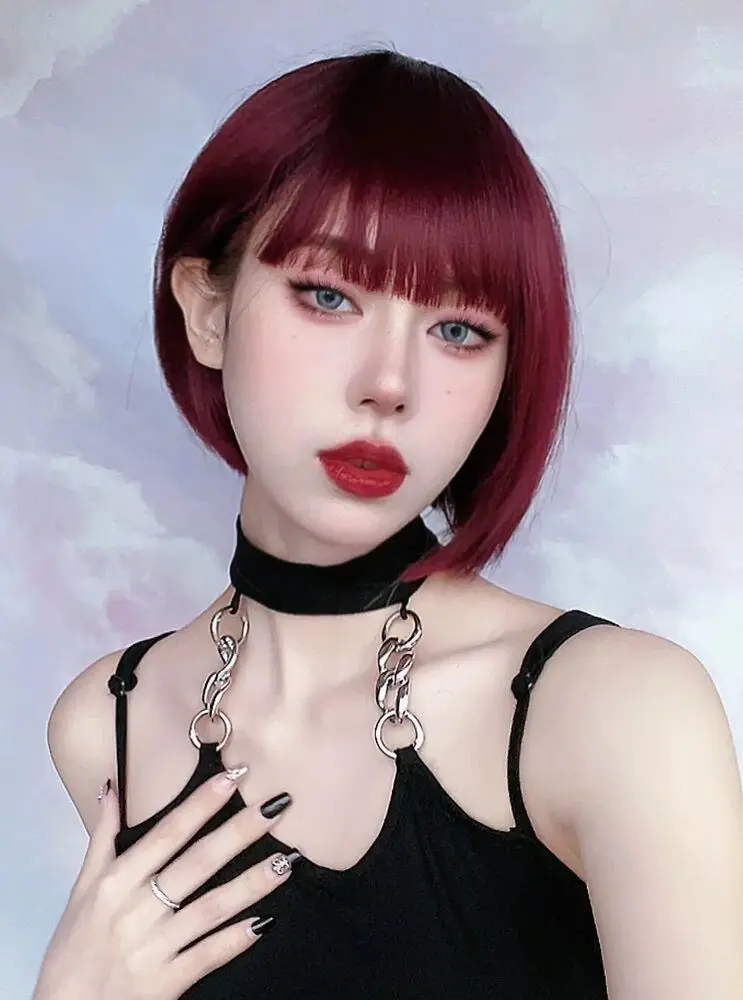 Women Short Synthetic Hair with Bangs Red Bob Hair Straight  Daily Wear Wigs