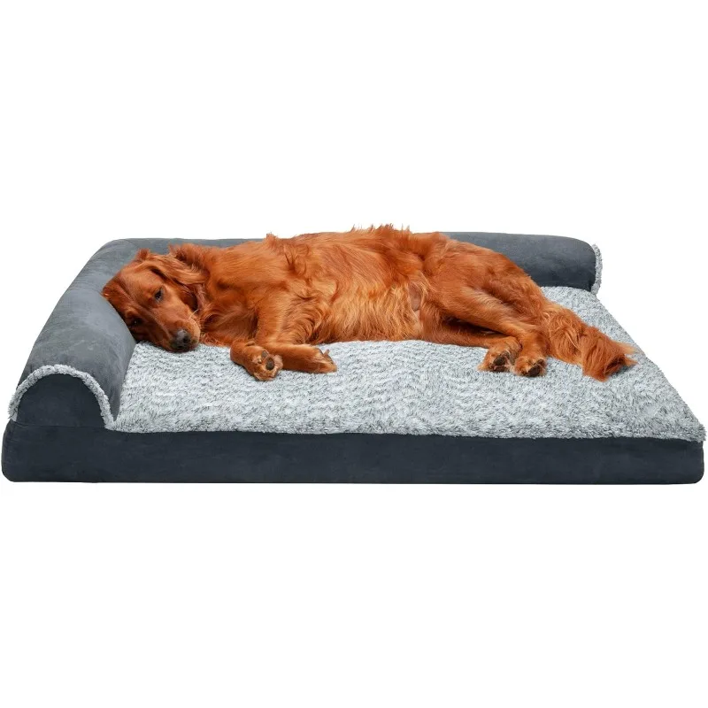 Memory Foam Dog Bed for Large Dogs w/ Removable Bolsters & Washable Cover, For Dogs Up to 95 lbs - Two-Tone Plush Faux Fur