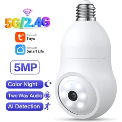 Tuya Smart Life 5MP 5G bombilla E27 WiFi cámara PTZ Pan Tilt rotación IP Cam Loop registro alerta de movimiento detección humanoide seguridad del hogar