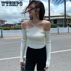 Suéter corto para mujeres sensual hombro expuesto diseño adelgazamiento punto de manga larga blanco sólido blusa elástica alta Primavera y otoño retro moda chaqueta de un solo tamaño con capucha delgada y cuello colgan