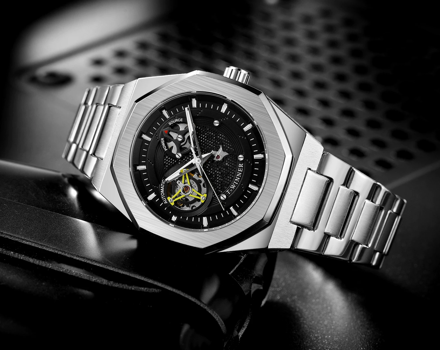 T-WINNER Casual Sporty Men's Watch Polygon Hollow Automatic Mechanical Luminous Stainless Steel Waterproof Classic Trendy Watch
