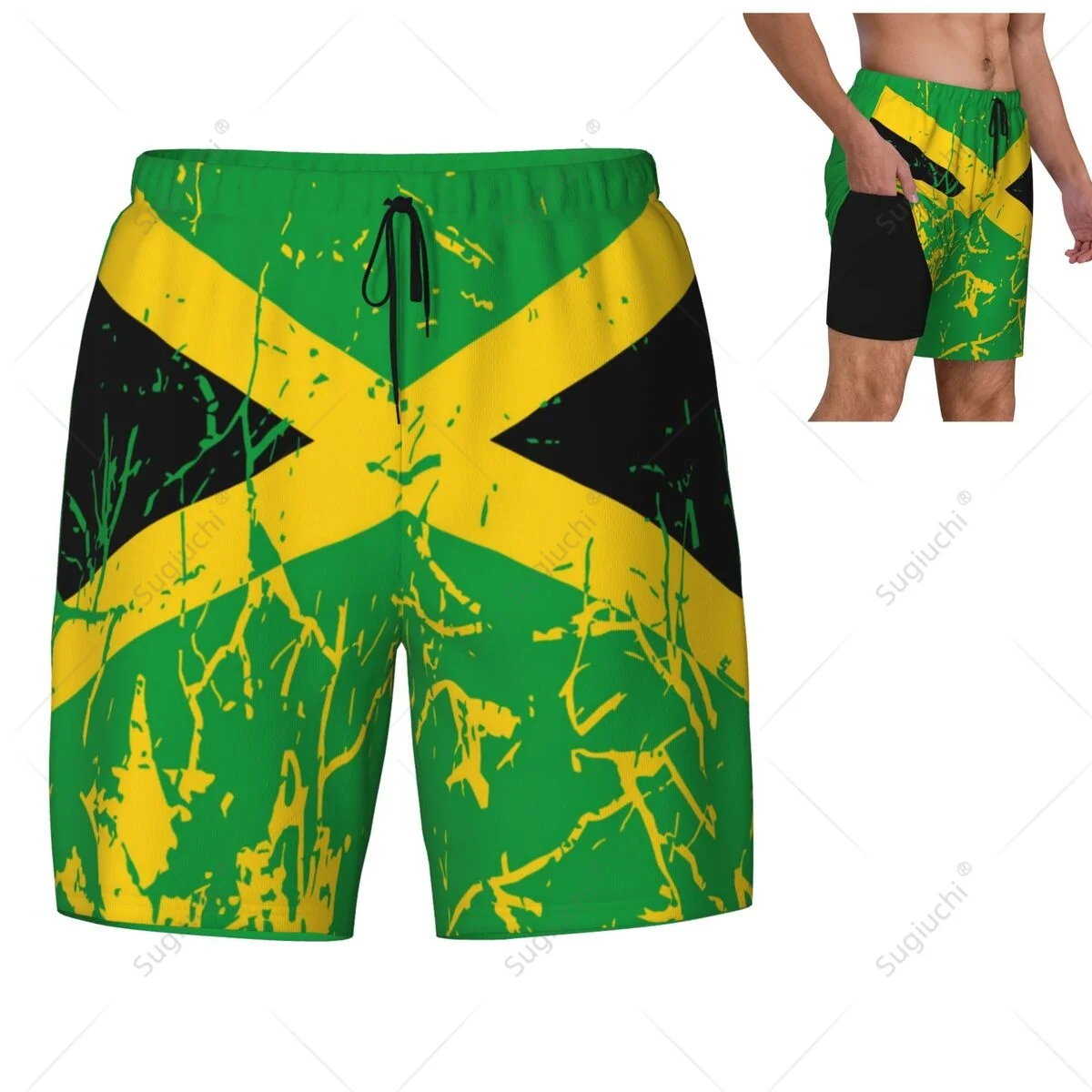 Jamaica Flag 3D Mens Swimming Beach Surfing Pants Swim Shorts Trunks Compression Liner 2 in 1 Quick-Dry