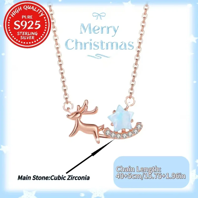 

Christmas Reindeer Necklace, 925 Sterling Silver Rose Gold Plated, Zirconia Star Pendant, Holiday Gift for Women, 45cm Chain