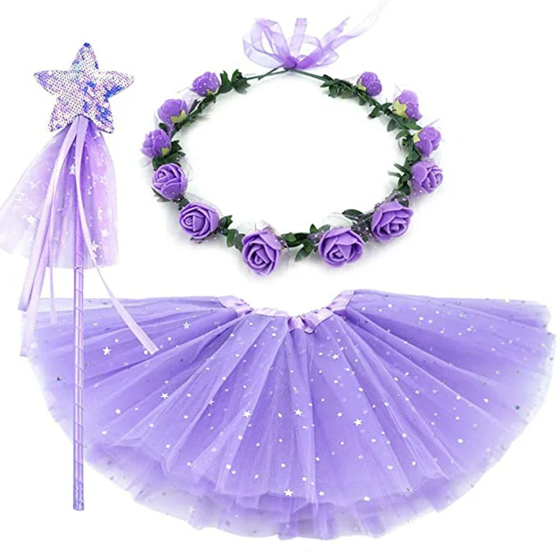 女の子プリンセス妖精チュチュスカート、フラワークラウンリースヘッドバンド、魔法の杖付き、誕生日パーティーの記念品、コスチューム、コスプレ、ハロウィン