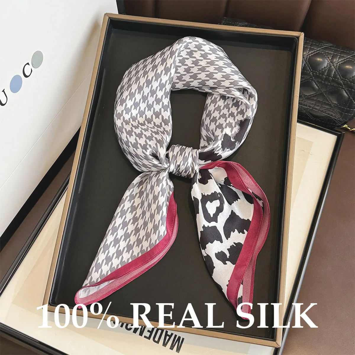 

New Luxury 100% Real Silk Scarf Bandana Women Square Scarves Wrap Houndstooth High-end Headband Hijab Shawl Foulard Headkerchief