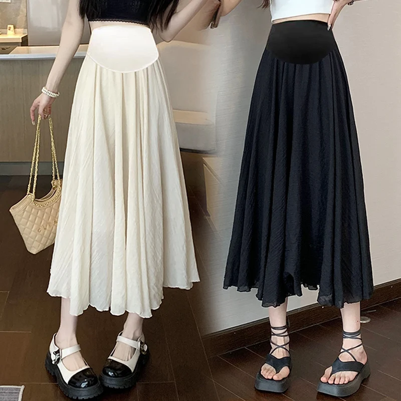 Korean Style Pregnant Woman Skirts Solid Color High Waist Long Loose Casual Maternity Cotton Linen Skirts Pregnancy Long Skirts