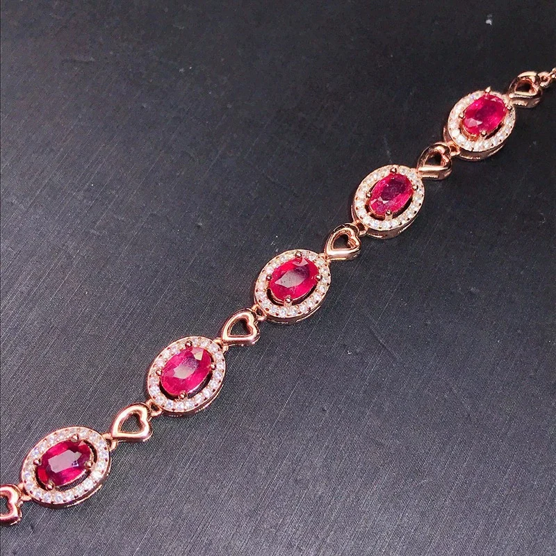 Classic 925 Silver Ruby Bracelet 5mm*7mm Total 3.5ct Natural Heated Ruby Jewelry 3 Layers 18K Gold Plating Gemstone Bracelet