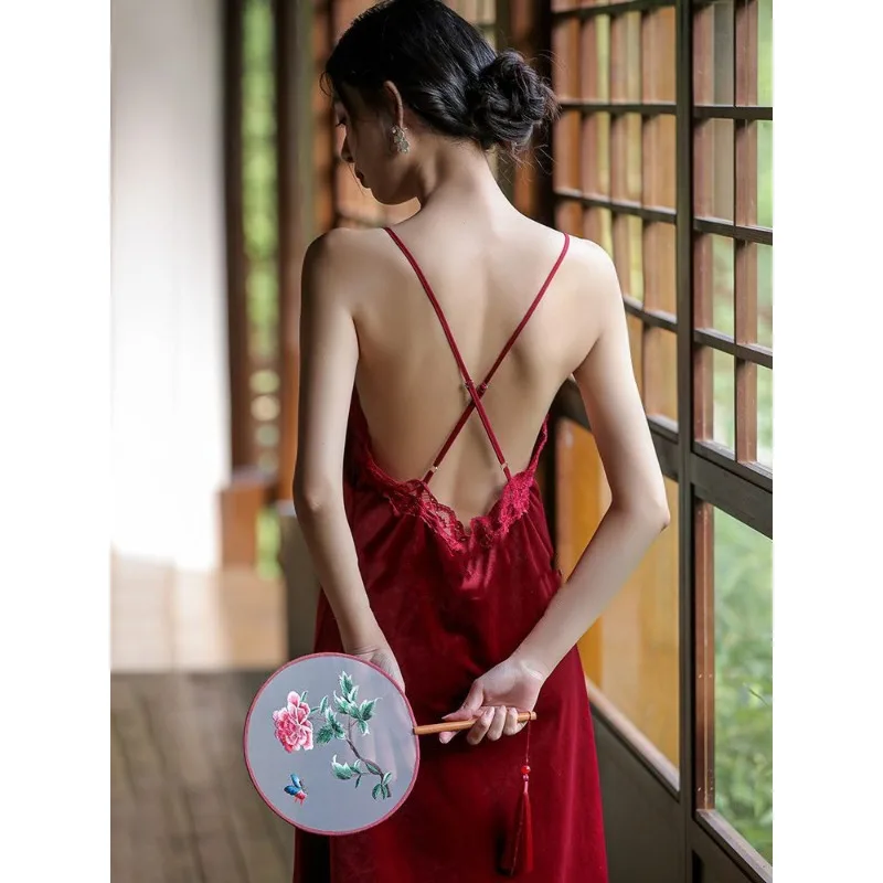 French Bride Morning Robe Autumn Winter 2024 New Red Velvet Wedding Pajama Set of Two Wedding Sleepwear Lace V-neck Loungewear