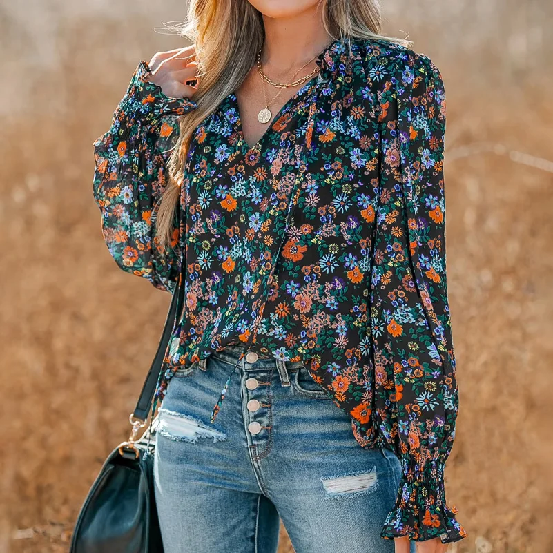 Plus Size Women's Shirt, Flower Print V-Neck, Long Sleeves with Ruffles, Casual Resort Style, Suitable for All Seasons image 6