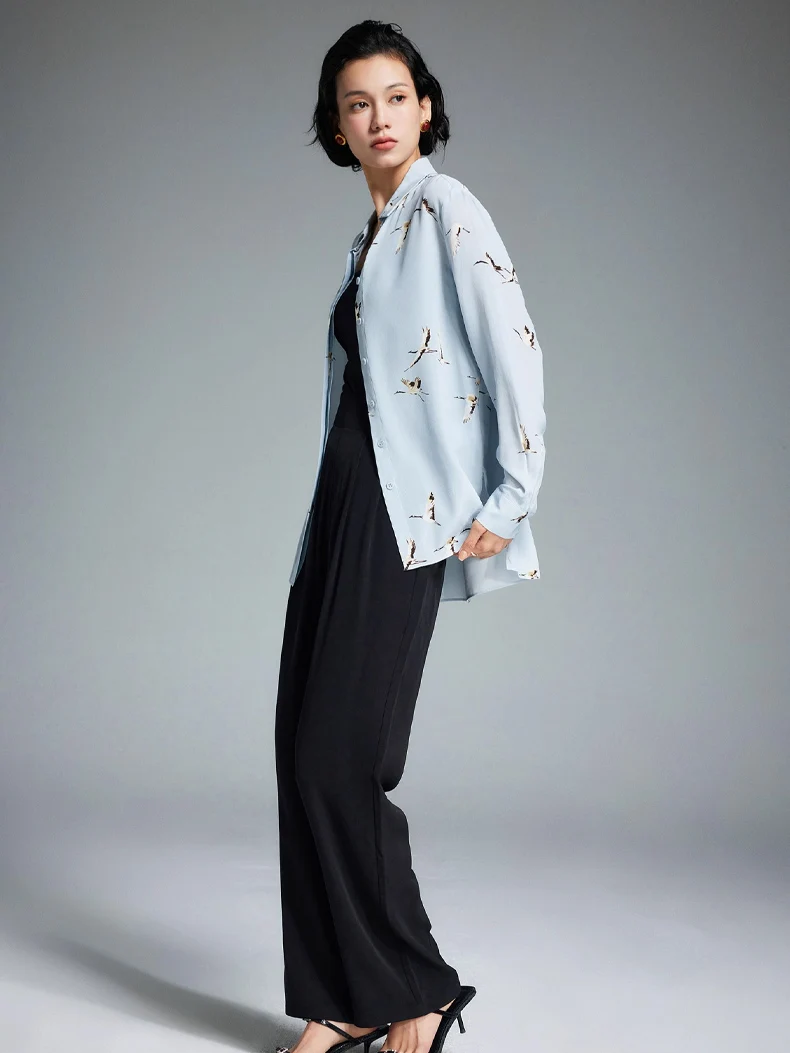 SuyaDream, Woman Printed Shirts, 100%Silk Crepe de chine, Turn Down Collar, Light Blue Blouses, 2024 Spring Summer Top