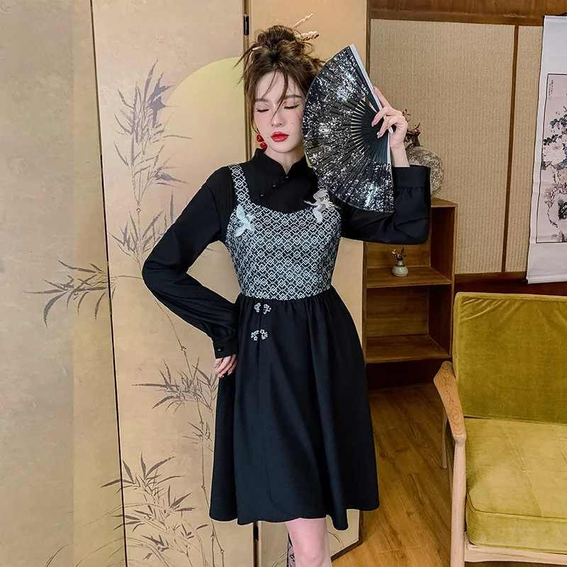 

New Chinese Sle Young Women's Dr JKJS Improved Spring Faion 2025 Ele National Trend Long Slit High Cuff