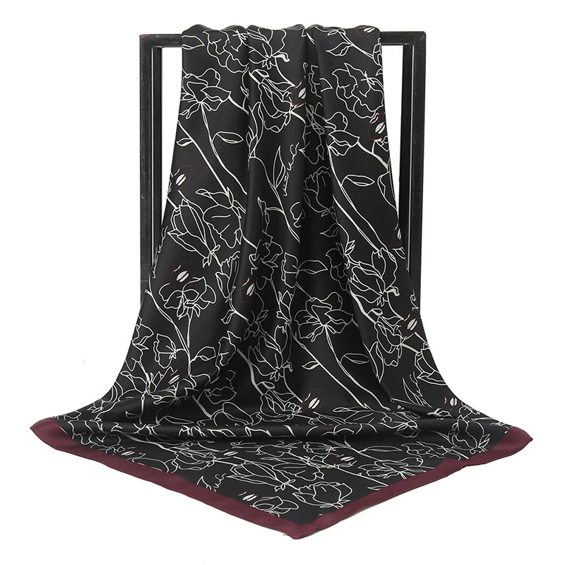 Luxury 90cm Manual Hand Rolled Twill Silk Scarf Women Print Curled Square Scarves Echarpes Foulards Femme Wrap Bandana Hijab