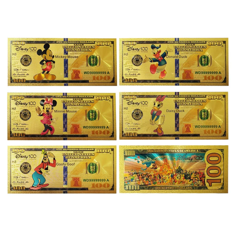 

MINISO New 5 Types Hot Sale Disney Micky Mouse Banknote Anime Cards in 24k Gold Plated For Collection