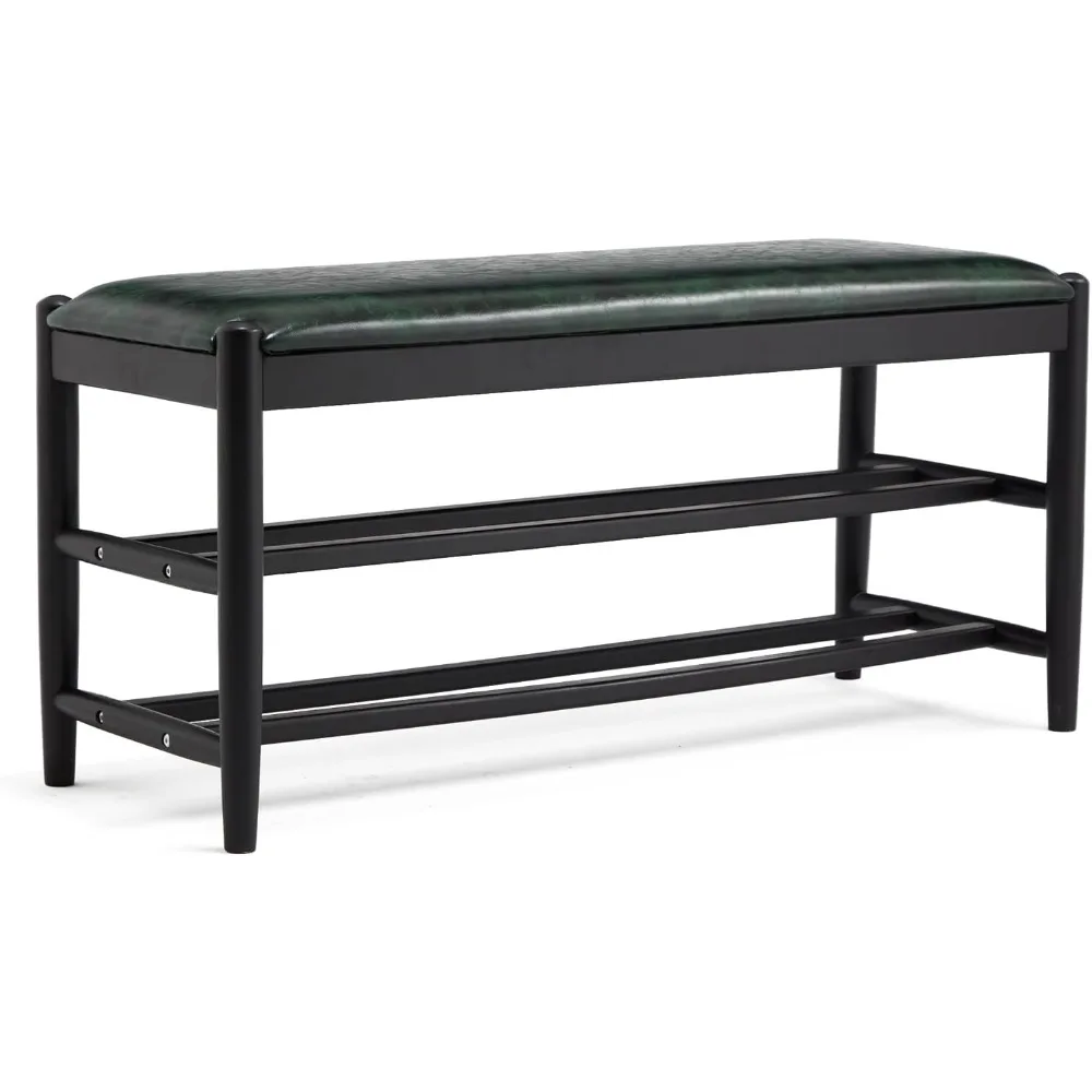 

Shoe Bench, Solid Oak Wood Entryway Bench with Storage, 3-Tier Shoe Storage Bench with PU Leather Seat, Mid Century Shoe Rack Be