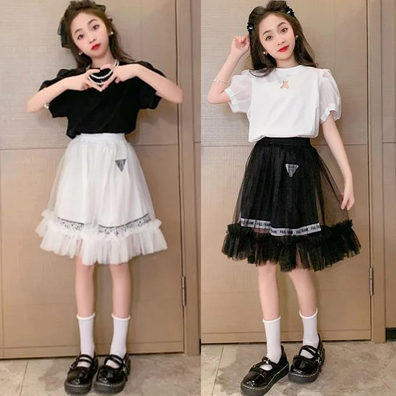 

Children's Skirt Sets Summer T-shirt for Girls Fashion 2pc Combination Kids Clothes 4 To 14 Years Black Lace Mesh Outfits