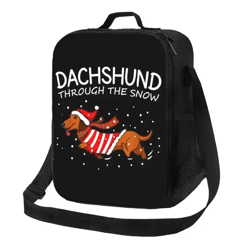 Christmas Dachshund Through The Snow Bags for Pet Sausage Dog Portable Cooler Thermal Food Lunch Box Outdoor Camping Travel