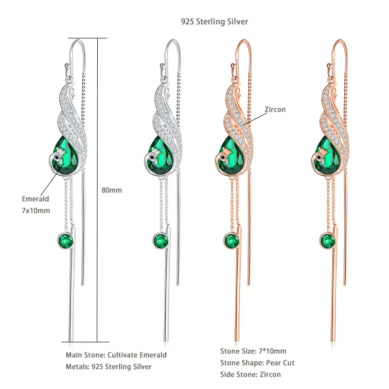 RAPRGOLD Lab Grown Emerald Drop Earrings for Women S925 Sterling Silver Piercing Chain Stud Earrings Wedding Party Jewelry Gifts