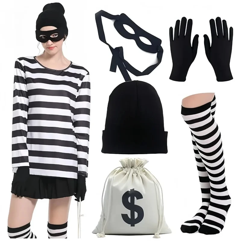 

♥2026 New Halloween Costume Cosplay Convict Thief Women Stripe Top Stocking Knitted Hat Gloves Canvas Bag Eye Mask Prisoner ★★★