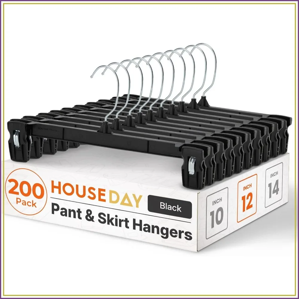 Black Pants Hangers with Clips 200 Pack, 12 Inch Skirt Hangers for Closet
