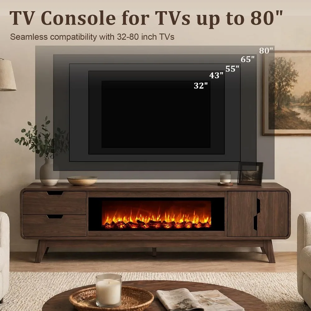 Entertainment Center with Fireplace, Cabinet & Drawers for 80