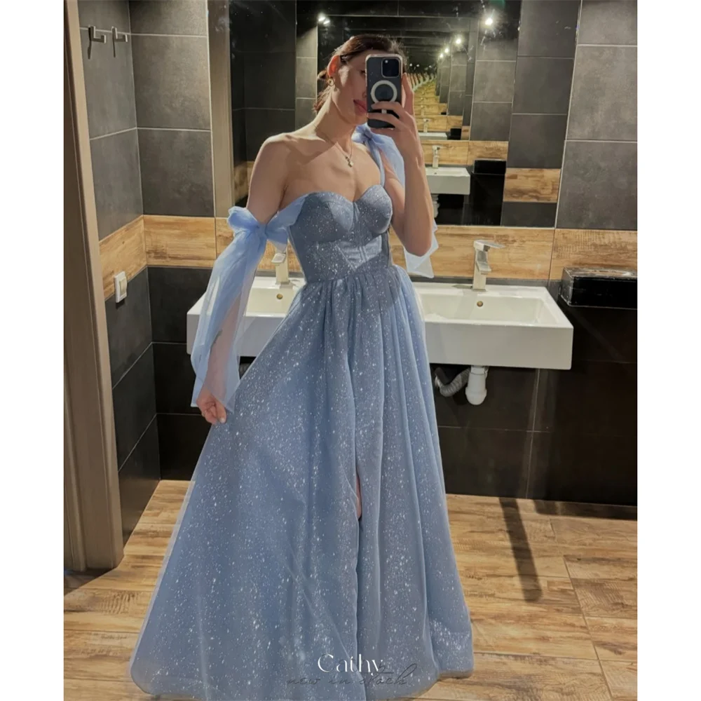 

Cathy Customized Blue Mesh Shoulder Strap Glitter Prom Dresses A-line Sleeveless vestidos de noiva Corset Lace-Up Formal Evening