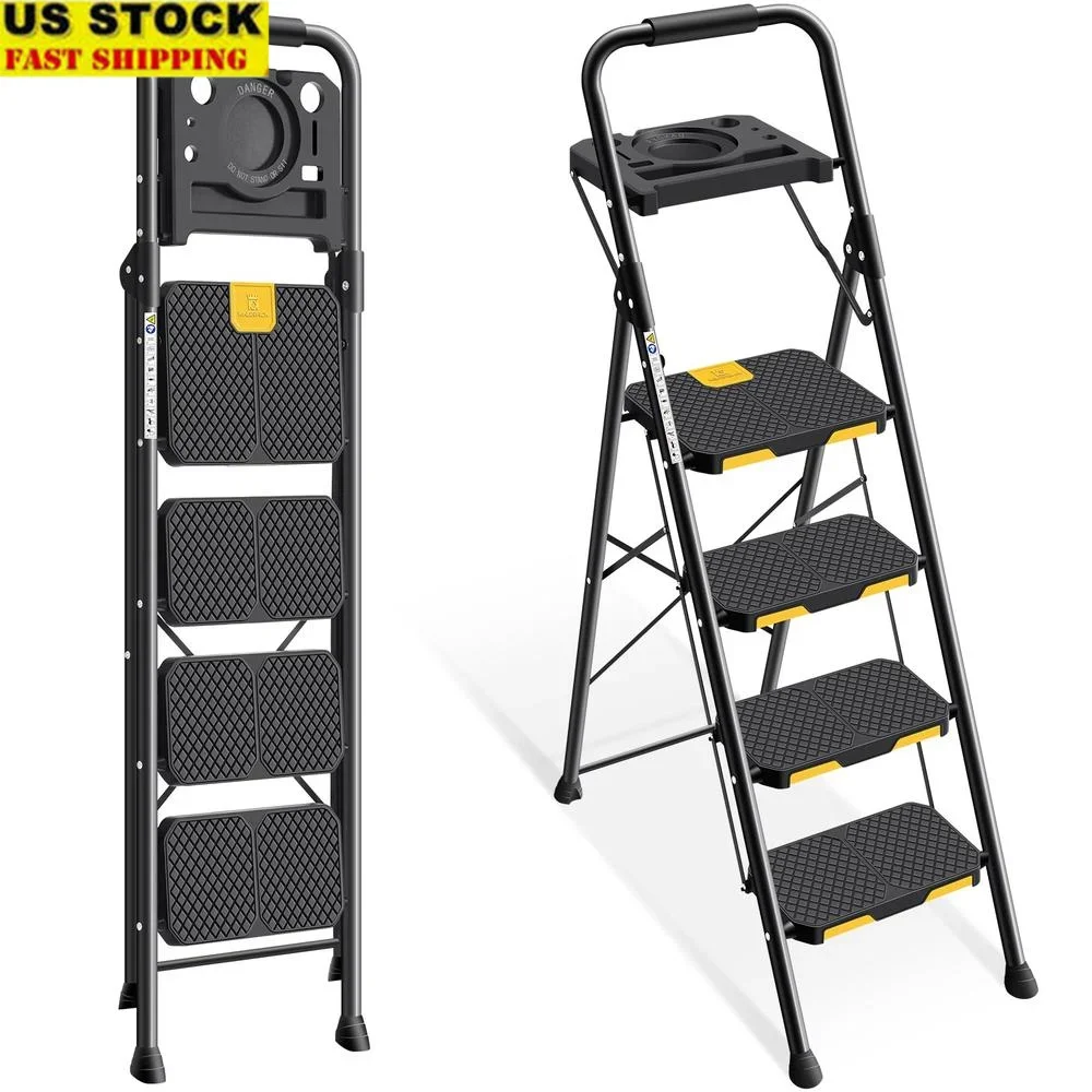 Portable 4 Step Ladder Tool Platform Folding Safety Locking Steel Sturdy Ladder-Safety Mechanism-800lbs Capacity-Multi-Position-