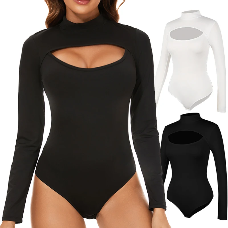 Womens Bodysuit High Collar Sexy Hollow Out Thermal Underwear Tops Tummy Control Compression Shapewear Bottoming Shirts Jumpsuit