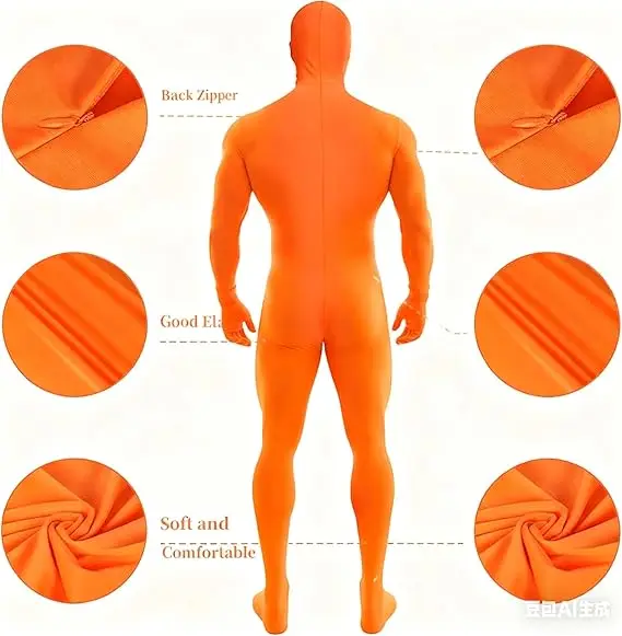 ชุดบอดี้สูทสีส้ม ชุดแฟนซีสีส้ม หนวดและคิ้วสีเหลือง ชุดบอดี้สูทฮาโลวีน ชุดคอสเพลย์สีส้ม