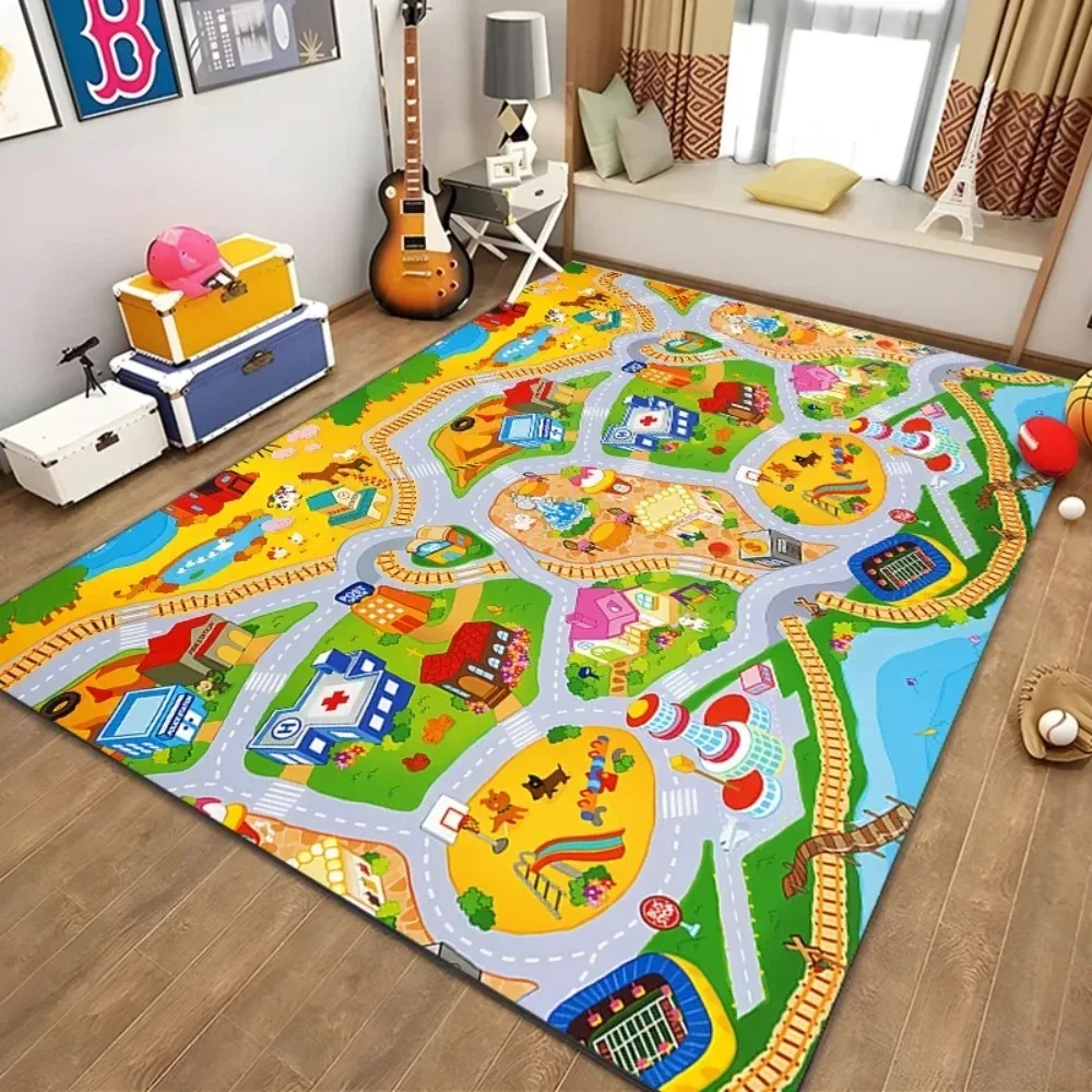 Alfombra de juego infantil con diseño de tren de parque de atracciones urbano, mapa interactivo, antideslizante, lavable, suave, para dormitorio infantil 2026