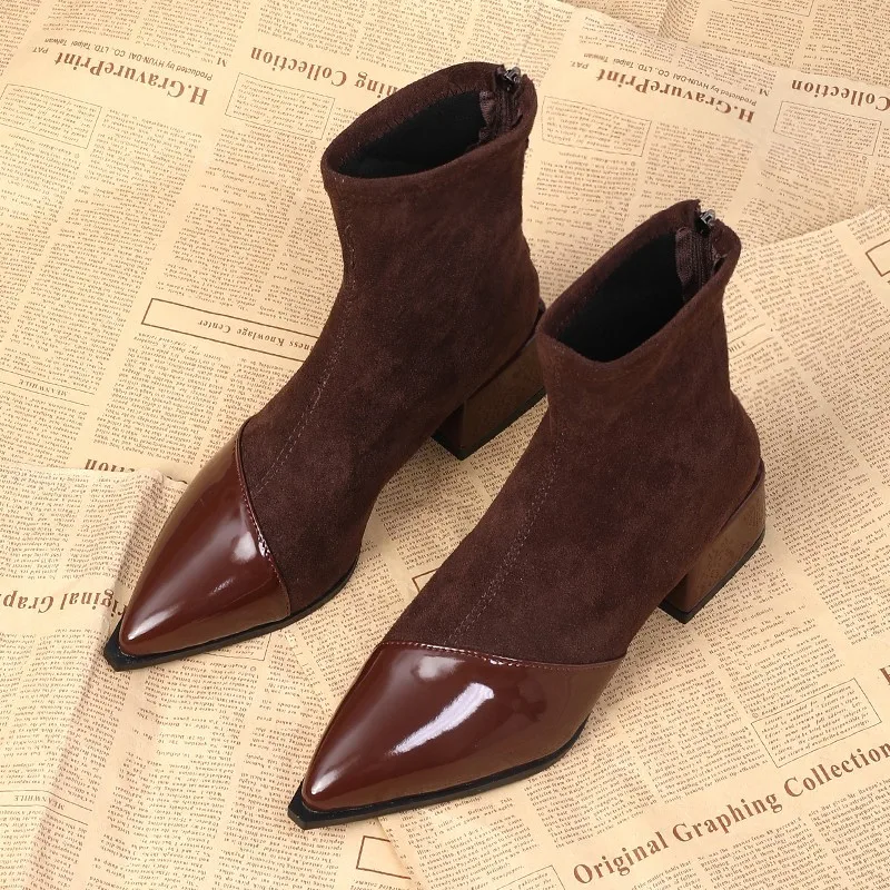 Women's Thick-heeled Booties 2025 Trend Autumn and Winter New Suede Pointed Gothic Pick-up Fashion Boots Boats Zapatos Mujer