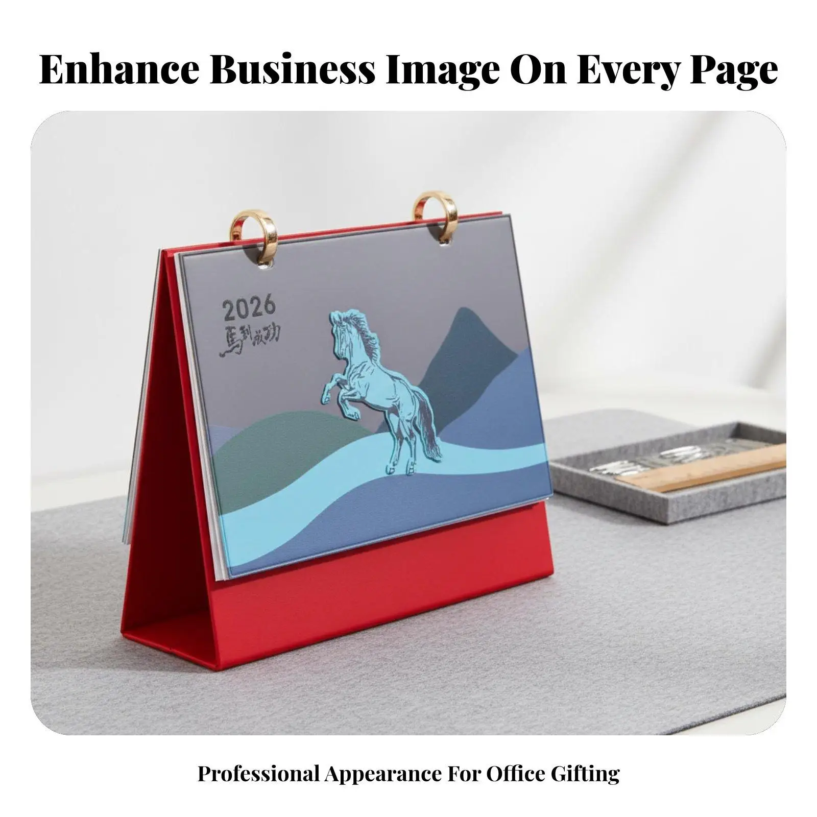 Desk Calendar 2026 Zodiac Horse Theme Leather Stand Office Decor Custom Logo Gold Silver Navy Black Stamping