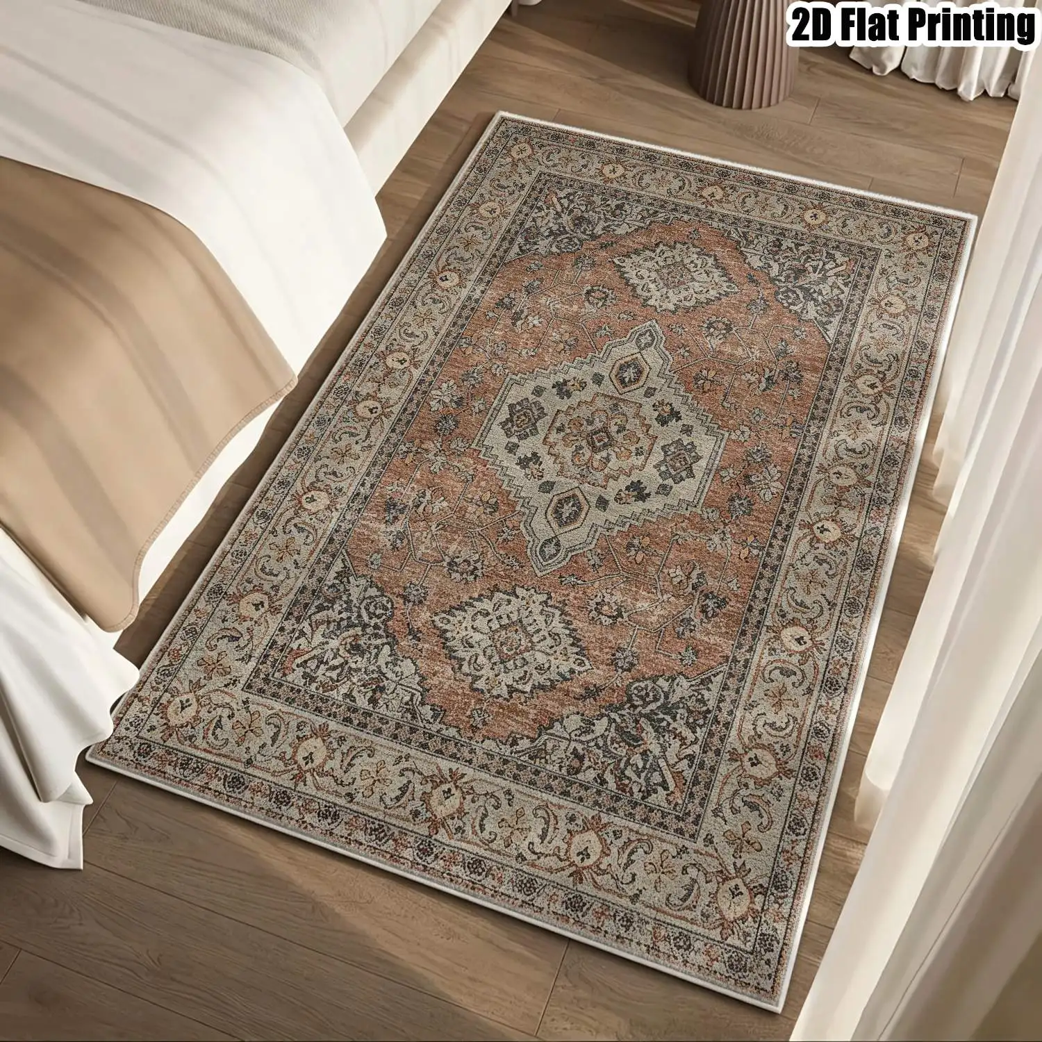 1Pc 2D Printed Retro Red-Brown Geometric Velvet Carpet, Vintage/European/Bohemian Style, Multi-Size, Machine-Washable, for Entrance, Dining, Bedroom, Living Room Home Decor