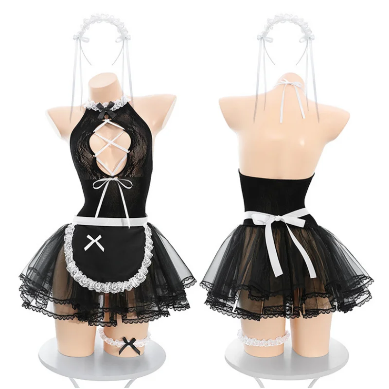 

Anime Hollow Mesh See Through Maid Uniform Cosplay Costume Lace Underwear Cute Girl Nightwear Role Play Outfits Lingerie Pajamas
