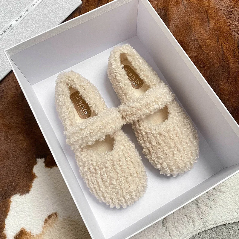 

Зимняя женская обувь Мэри Джейн, 2025 г., мягкие мокасины на плоской подошве с меховой подкладкой, теплая нескользящая уличная домашняя обувь без шнуровки, белая обувь