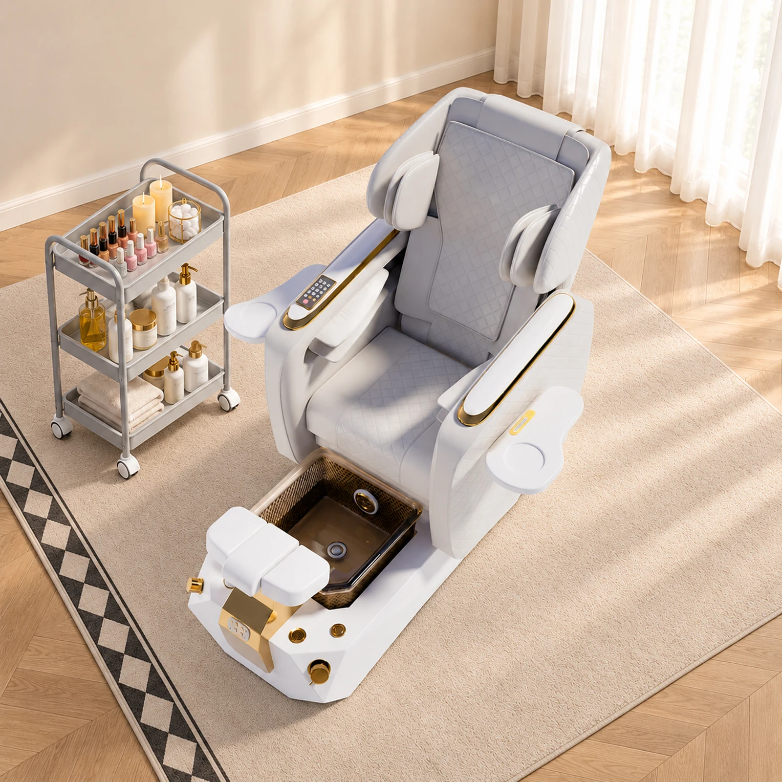 Pedicure Spa Chair Electric Massage Reclining Foot Bath Basin Nail Salon Chair Cup Holder Gold White 5