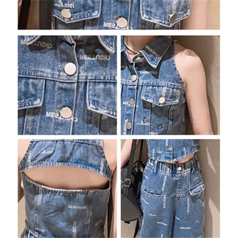 Teens Girls Oufits Blue Denim Sleeveless Backless Vest Jeans Two Pieces Children Costumes 2023 Summer Fashion Kids Clothes Sets