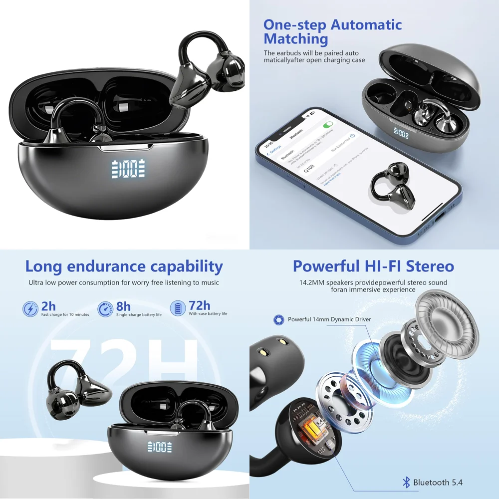 

UYUXIO OWS Wireless Earbuds BT 5.4 Headphones HiFi Stereo Ear Buds Clip on Clear Calls IP7 Waterproof Earbud for Phones Laptop