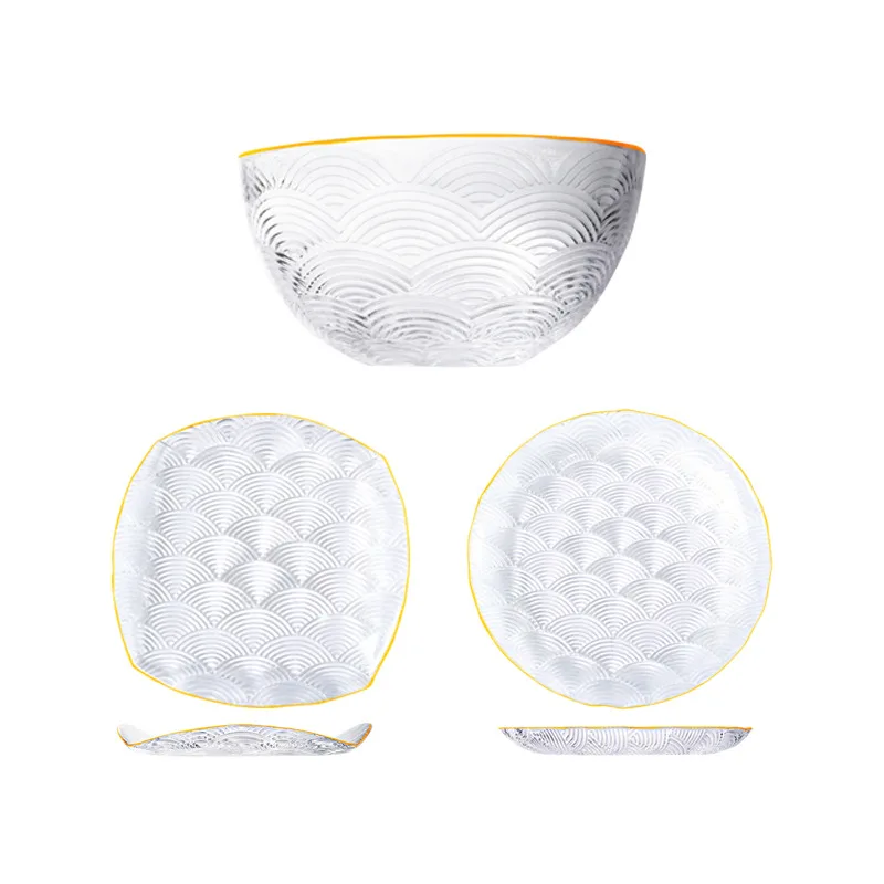 Bowl Plate Set Chinese Tableware Glass Cloud Patterm Dinner Tool Square Salad Dessert Fruit Food Container Hotel Restaurant