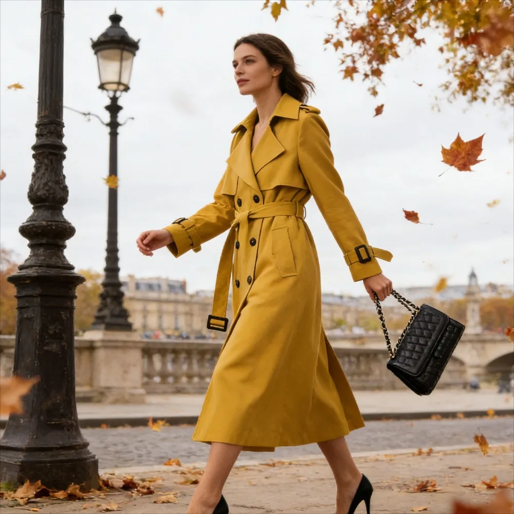 Damski płaszcz trencz w stylu brytyjskim o średniej długości, odpowiedni dla niskich kobiet, na wiosnę i jesień, modna odzież wierzchnia za kolano.