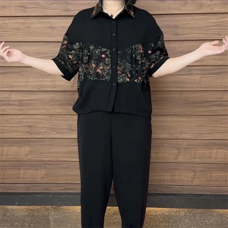 

Korean Women Large Size 4XL Leisure Tops 2PCS Summer Ladies Patchwork Two-piece Suit 2025 Female Short Sleeves Printing Outfit