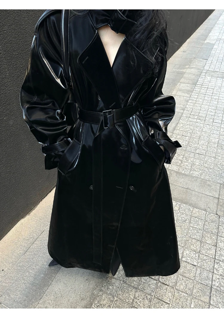Lautaro Spring Autumn Extra Long Oversized Cool Reflective Shiny Black Patent Leather Trench Coat for Women Belt Runway Fashion