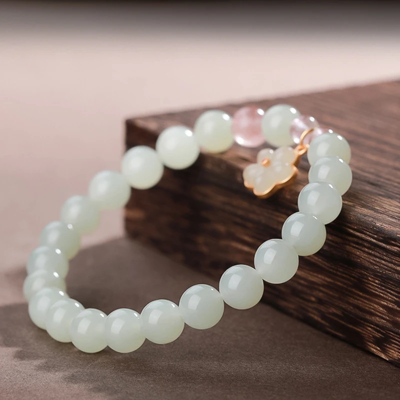 

Natural Hotan Jade Peach Blossom Hand String Female Jade Clear Water Hand Chain Ice Bottom Beads New Beaded Birthday Gift