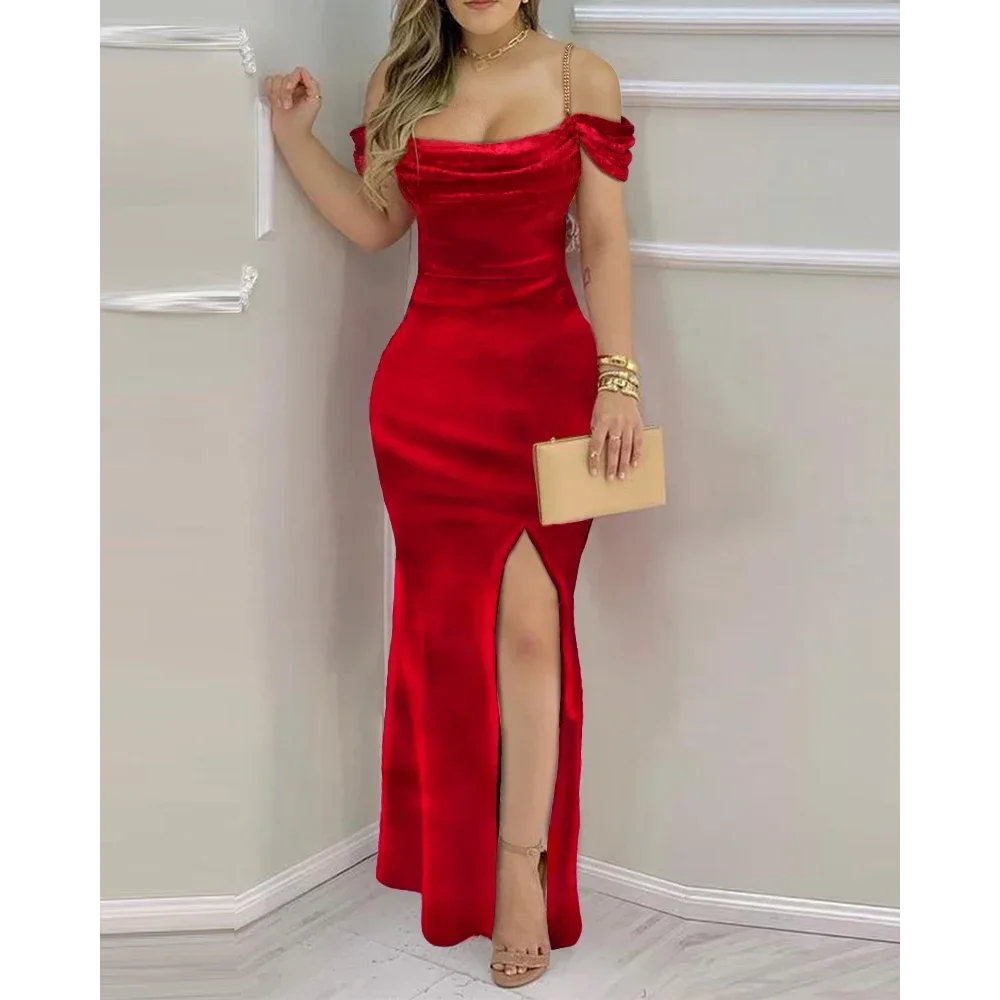 فستان ماكسي للنساء 2025 موضة مخملية بدون أكتاف وحاشية مكشكشة فستان ماكسي سبليت فساتين الحفلات