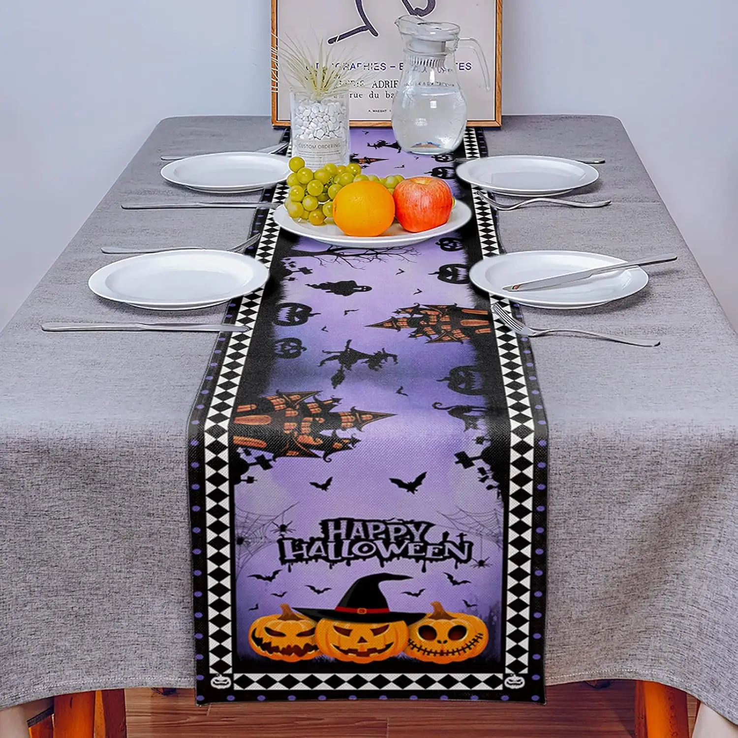 Halloween Pumpkins Bat Diamond Plaid Linen Table Runners Washable All Season Table Linen Decoration for Holiday Dresser Scarves