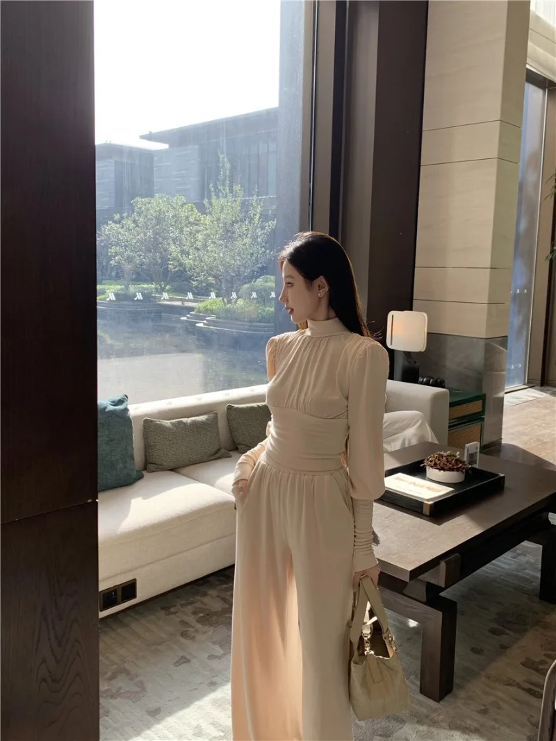 

2024 Korean Fashion Autumn New Women Two Piece Sets Half High Neck Long Sleeve Tops T-shirt + High Waist Wide Leg Pants Outfits