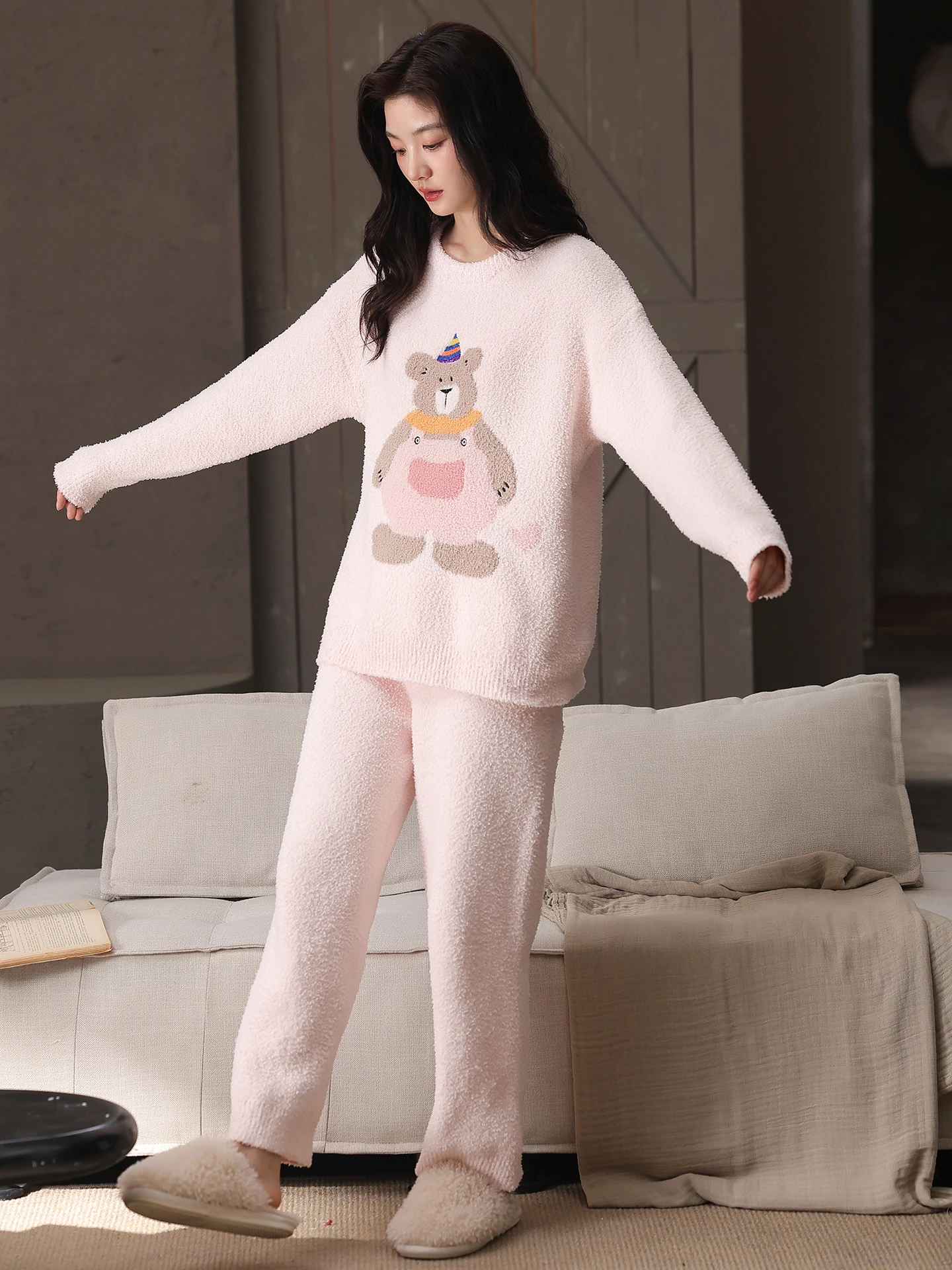 2025-winter-new-women's-warm-fce-pajamas-f-velvet-home-clothes-set-cartoon-bear-casual-loose-fit-long-sve-round-ne